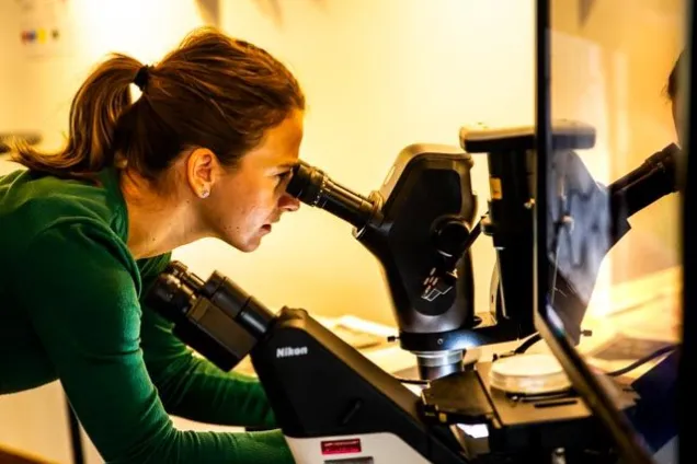 Woman looking in a microscope.